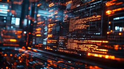 Close up of glowing lines of code on a screen, displaying data.