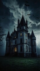 Halloween castle scenery with full moon in majestic night sky and highly detailed natural environment landscape. Halloween background. Horror scene for Halloween