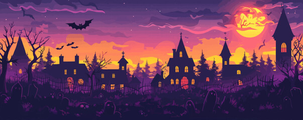 Wall Mural - Haunted house with a bat flying above. Vector flat isolated.