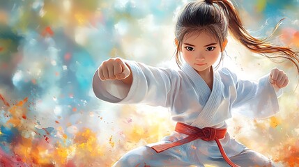 Sticker - Young Female Karateka in a Fighting Stance with a Watercolor Background.