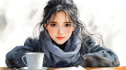 Poster - Woman with a Cup of Coffee, Watercolor Painting.