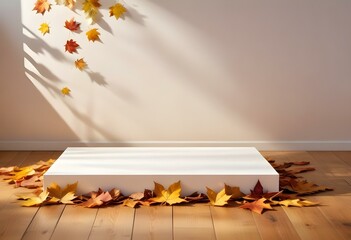 product display podium with leaves background