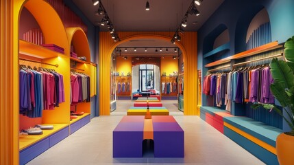 Colorful clothing store interior with arched shelves and colorful furniture.