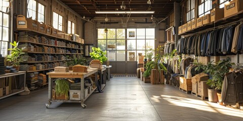 Bright and inviting interior of a well-organized clothing store featuring a variety of apparel and green plants that add a touch of nature to the space