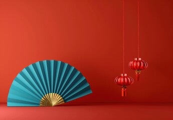 Blue fan and red lanterns on a bold red background, creating a vibrant and festive atmosphere