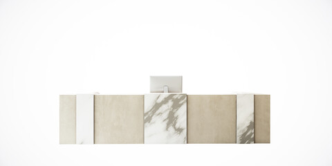 Poster - Modern reception desk with marble and beige design on white background. 3D Rendering