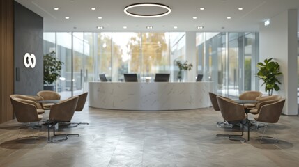 Wall Mural - a contemporary office lobby featuring a sleek curved reception desk, modern lighting, and comfortabl