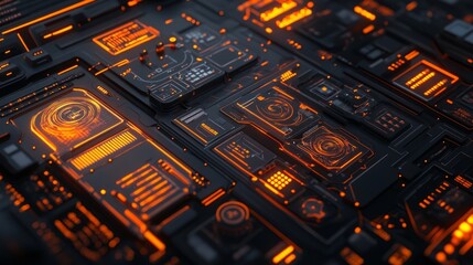 Futuristic orange glowing circuit board with glowing lines.