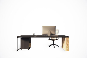 Poster - Modern office desk with desktop computer and chair on white background. 3D Rendering