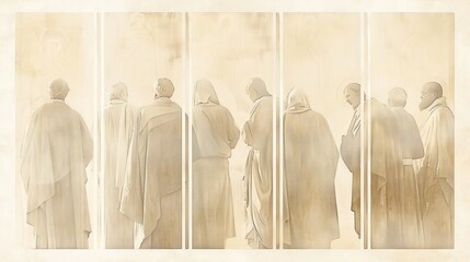 Genesis,The Creation:Historical sketch sequence of the entire creation process, minimalist biblical illustration, soft beige background, high-resolution, ideal for church and home decor.