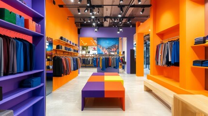 Interior of a modern clothing store with colorful walls and shelves.