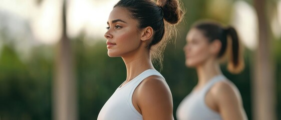 Two women practice yoga outdoors, showcasing concentration and mindfulness in a serene environment surrounded by nature.