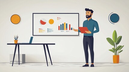 Office presentation by man in modern workspace with colorful charts on whiteboard