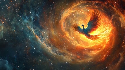 Phoenix flying through a cosmic nebula.