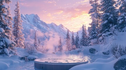 Poster - A tranquil hot tub sits surrounded by snow-covered trees and majestic mountains. Steam rises gently as the sun sets, casting a warm glow over the winter scene