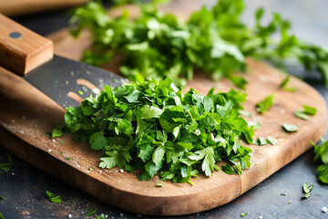 Canvas Print - Chopped fresh herbs on a wooden cutting board, ready for culinary use.