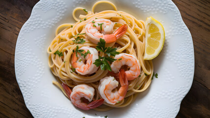 Wall Mural - A plate of shrimp scampi with linguine, tossed in a garlic butter sauce and garnished with fresh parsley and a wedge of lemon, served on a white porcelain plate.