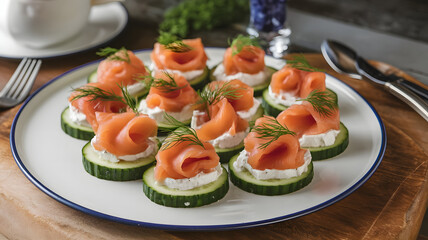 Wall Mural - A plate of cucumber slices topped with smoked salmon, cream cheese, and dill, arranged in a neat pattern on a white plate.