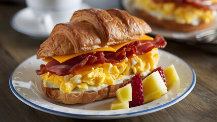 Wall Mural - Croissant sandwich filled with scrambled eggs, cheddar cheese and crispy beef bacon, served with a side of fresh fruit on a white plate.