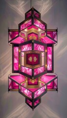 Poster - Aerial view of a modern hexagonal lantern with digital screens in vibrant pink and gold tones