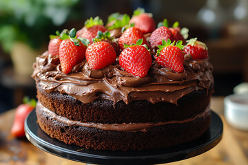 Wall Mural - A delicious chocolate cake topped with fresh strawberries, perfect for celebrations.