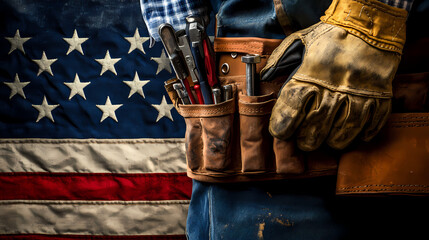 Carpenter in protective gloves and toolbelt with us flag labor day background