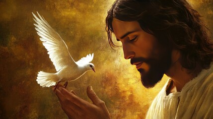 Wall Mural - A gentle portrait of Jesus with a dove, symbolizing peace and the Holy Spirit, set against a tranquil backdrop.