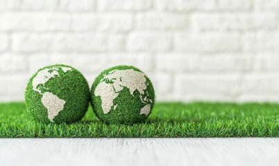 globe models covered in green grass on a grassy surface with a white brick wall background, symbolizing sustainability, green innovation, and eco-friendly policy concept