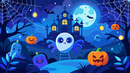 Halloween. Vector illustration with blue spider web and ghosts. Spooky night background