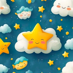 soft clouds with smiling faces and bright rainbows in a fun kids wallpaper