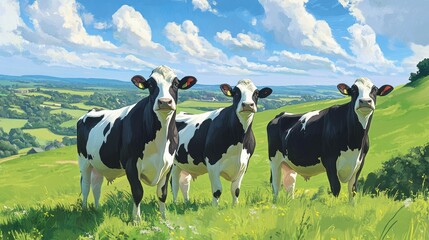 Wall Mural - Black and white cows standing on a sunny hill with rolling green fields behind them.