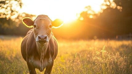 Wall Mural - Close-up of a cow standing in a grassy meadow, with the sun setting behind in a golden glow.