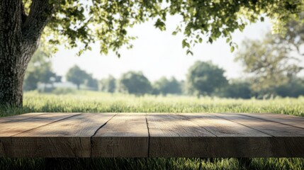 Sticker - Wooden Tabletop with Blurred Green Meadow Background