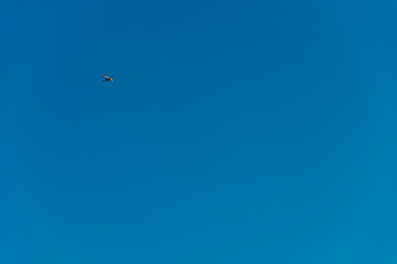 Airplane with one passenger flies high in sky on lovely summer day, creating white contrails that evoke sense of wanderlust and adventure