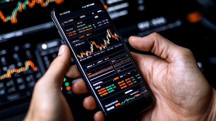 A close-up of a hand holding a smartphone displaying stock market data and analytics for financial insights and decision making.