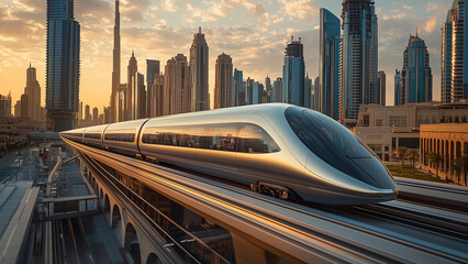 Modern High Speed Train in Dubai Cityscape at Sunset