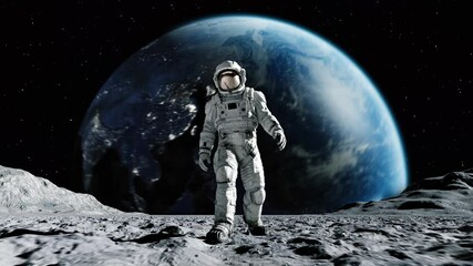 Wall Mural - spaceman in spacesuit on planet in space on earth background. astronaut exploring surface moon in ex