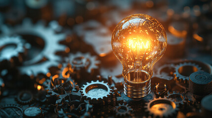 Wall Mural - A light bulb is lit up on a pile of gears