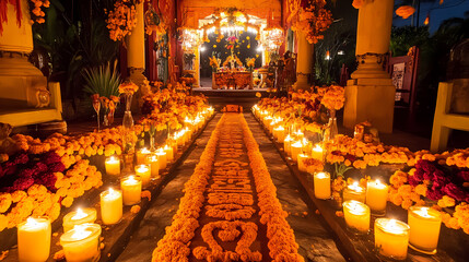 Colorful Day of the Dead Celebration in Mexico With Candlelit Altars and Marigold Pathways 