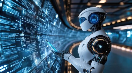 Futuristic AI robot analyzing data streams in a high-tech environment, representing cutting-edge innovation and artificial intelligence.