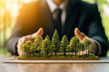 Poster - A man in a suit is holding a small model of a forest