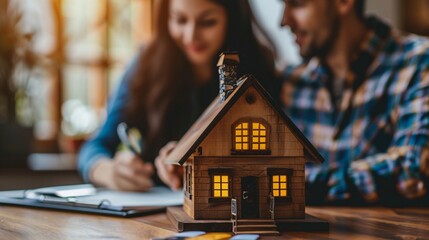 Miniature house on blueprints and Realtor signing mortgage documents. Real estate concept.