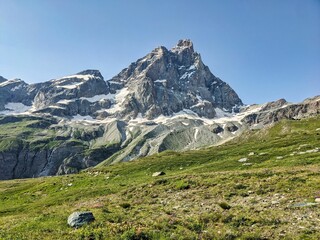 Cervino seen from Breuil Cervinia. View of the Matterhorn from Italy. Hiking in the beautiful Aosta Valley. High quality photo.