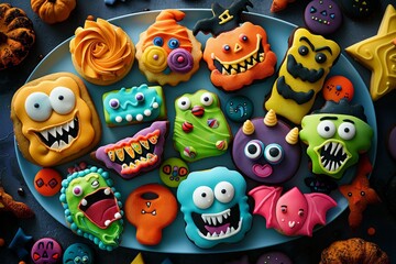 Colorful halloween monster cookies on blue plate