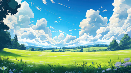 cartoon anime drawing of green summer grass meadow fields with blue cloud sky