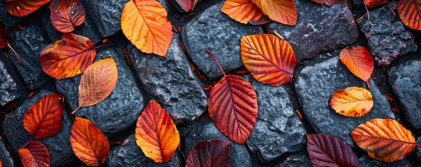 Wall Mural - Autumn leaves on a cobblestone walk