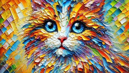 Wall Mural - An oil painting of a cat using thick, impasto brush strokes