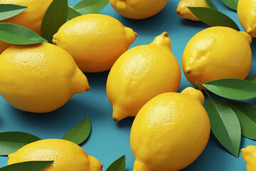 Fresh yellow lemons with green leaves on blue background