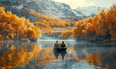 Wall Mural - A couple with loving gazes, enjoying a leisurely boat ride on a serene lake with reflections of autumn foliage and distant mountains against a white backdrop. 4K hyperrealistic photo.