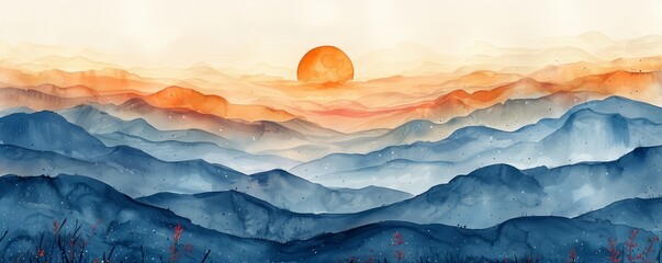 Wall Mural - Watercolor abstract sunset over hills with stars on white.